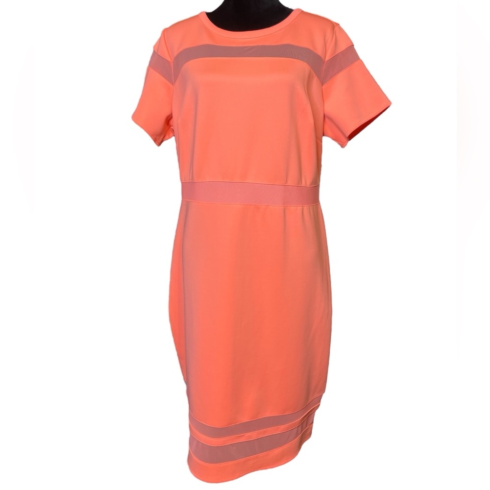 NWT Boutique Elegant Coral Short Sleeve Mesh Cut Outs Midi Dress